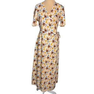 Compañía Fantástica (NWT) Yellow/Blue/Brown  Desert Flower Wrap Maxi Dress Sz L